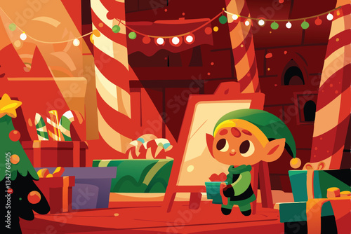 A cheerful elf cartoon character meticulously painting wooden toys in Santa's workshop. Festive, whimsical style.