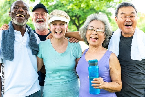 Group of diverse seniors smile after exercise in park. Happy diverse seniors group enjoy outdoor exercise. Senior friends group smile happily in park. Happy diverse senior friends exercise outdoors