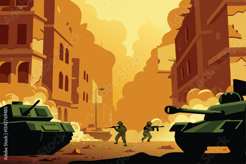 A gritty, photorealistic depiction of an urban combat zone; ravaged, abandoned buildings amidst rubble and debris; war-torn cityscape.