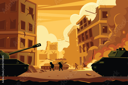 A desolate urban combat zone, featuring decaying abandoned buildings amidst rubble and debris; a post-apocalyptic scene.