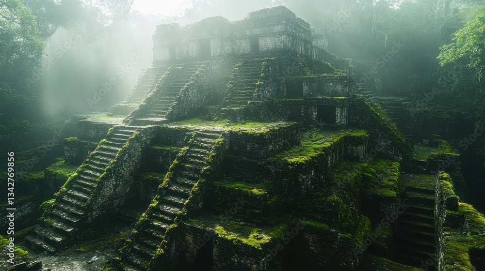 Obraz premium Ancient Mayan Ruins shrouded in mystical morning mist, a breathtaking glimpse into the past. The lush green vegetation clings to the weathered stone, creating an ethereal atmosphere.