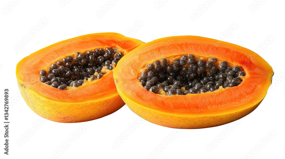 Papaya's Delight: Two halves of a ripe papaya reveal the juicy orange flesh and abundant seeds. A tropical fruit, bursting with vibrant color and a promise of fresh flavors. Papaya's Delight: Two halves of a ripe papaya reveal the juicy orange flesh and abundant seeds. A tropical fruit, bursting with vibrant color and a promise of fresh flavors.