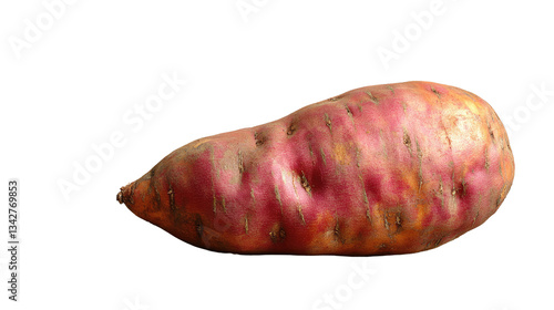 Vibrant Sweet Potato: A single, freshly harvested sweet potato with its distinctive reddish-purple skin rests in a neutral setting, its shape and color making it stand out.