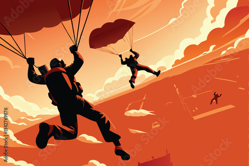Soldiers bravely leap from an AI-controlled aircraft during a daring military parachute exercise.  High-action, realistic depiction.