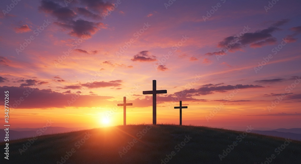 Three Crosses on a Hill at Sunset – Symbol of Faith, Hope, and Redemption Three Crosses on a Hill at Sunset – Symbol of Faith, Hope, and Redemption