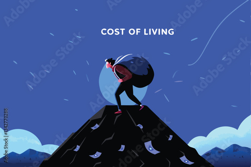 A lone figure struggles upward on a steep mountain labeled "Cost of Liv(ing)," symbolizing the difficulty of affording life's necessities.