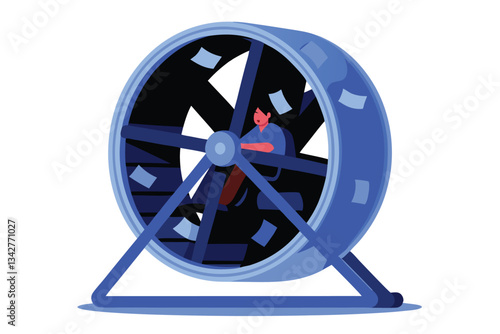 A person, weary and exhausted, frantically spins inside a giant hamster wheel overflowing with crumpled banknotes.