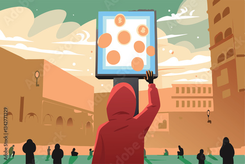 A lone protester skillfully hacks a large AI-powered digital billboard, replacing its advertisement with a single, poignant tear.
