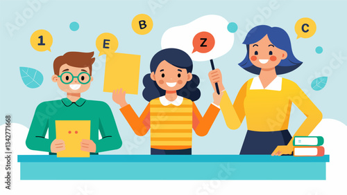Teachers and parent volunteers taking turns calling out spelling words at a mock spelling bee complete with buzzers and score cards.. Vector illustration