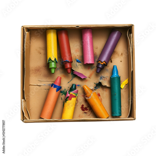 Used Crayons in a Box Colorful and Broken Creative Childhood Art