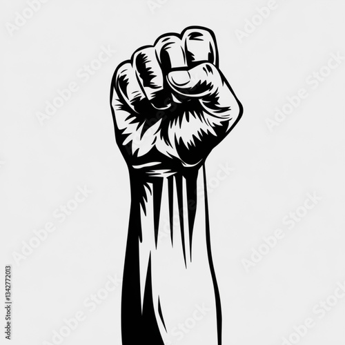 Black and white illustration of a raised clenched fist symbolizing resistance and unity