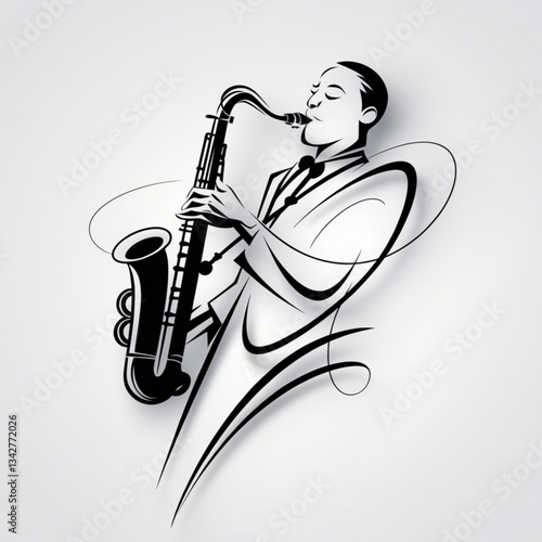 Black and white vector drawing of saxophone player with musical notes