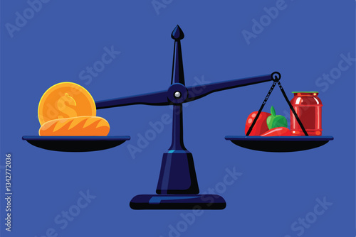 A balanced scale showing essential life items; food, water, shelter, and clothing, symbolizing needs vs. wants.