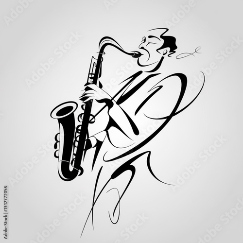 Abstract sketch of jazz performer with saxophone in expressive line design