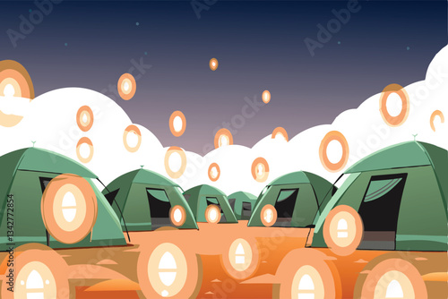 Futuristic protest camp tents illuminated by AI-powered lanterns, protestors using cryptocurrency.  Show technological integration within social activism.