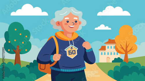 A beaming grandmother walks across campus proudly wearing her schools logo sweatshirt and excitedly telling anyone who will listen about her decision to go back to school.. Vector illustration