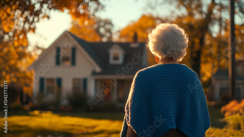 Elderly Woman Facing House in Autumn Light: Concept of Reverse Mortgage, Retirement Planning, and Secured Homeownership