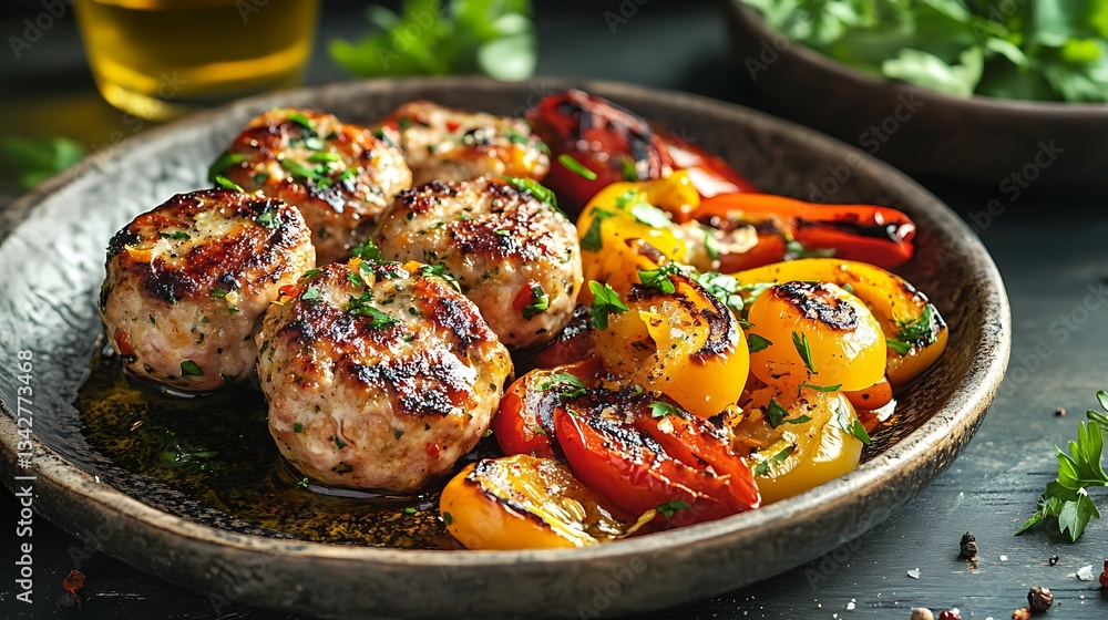 Grilled Chicken Meatballs with Roasted Peppers Grilled Chicken Meatballs with Roasted Peppers