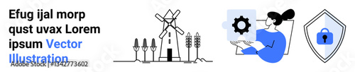 Windmill surrounded by plants symbolizes renewable energy, a person analyzes a gear on a device, and a shield with a padlock represents cybersecurity. Ideal for sustainability, technology photo