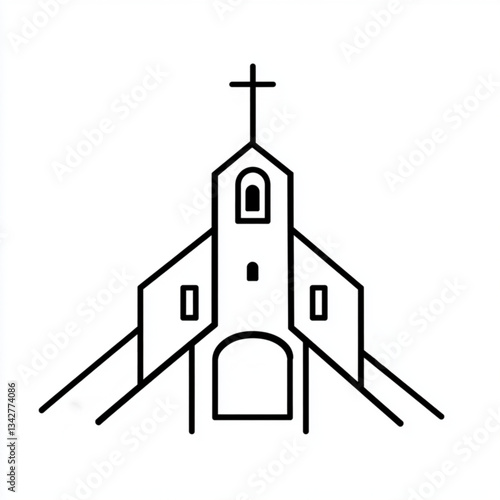 Monochrome outline of a chapel with a dome and entrance stairs. Religious vector isolated on a white background 