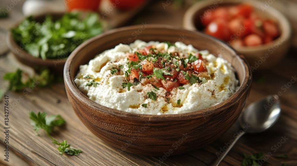 A fragrant Arabic breakfast, featuring the tangy labneh, the earthy foul, and the vibrant muhammara, a symphony of flavors and aromas, served on a rustic wooden table. A fragrant Arabic breakfast, featuring the tangy labneh, the earthy foul, and the vibrant muhammara, a symphony of flavors and aromas, served on a rustic wooden table.