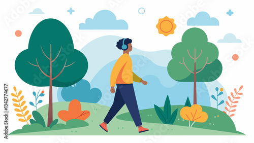 A person taking a mindful walk in the park noticing the different sounds smells and sights along the way.. Vector illustration