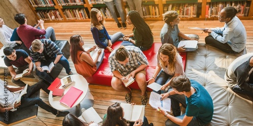 Obraz na płótnie Diverse group of students studying in a library. Students reading, discussing, and collaborating. Cozy library setting with books and comfortable seating. High school students reading in library. w salonie