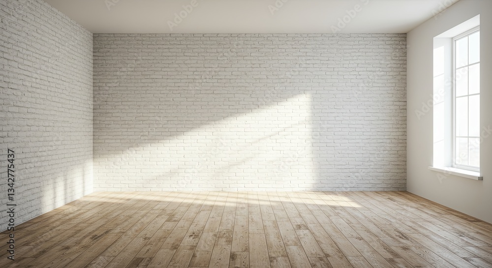A large empty room with a white brick wall and wooden floors A large empty room with a white brick wall and wooden floors