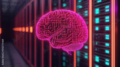 Artificial intelligence brain network and database concept. A 3D digital brain with circuits in a futuristic data center. photo