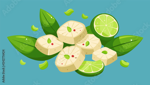 Tender bites of halibut cured in a zesty blend of lime juice and diced jalapenos and mixed with diced cucumber and fresh basil.. Vector illustration