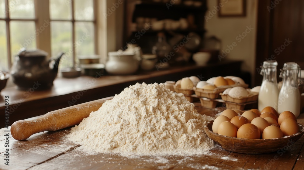 A warm and inviting kitchen tableau, where a mountain of flour, a dozen eggs, and a wooden rolling pin lay in wait, ready to transform into a delectable treat, promising the aroma of baking magic and