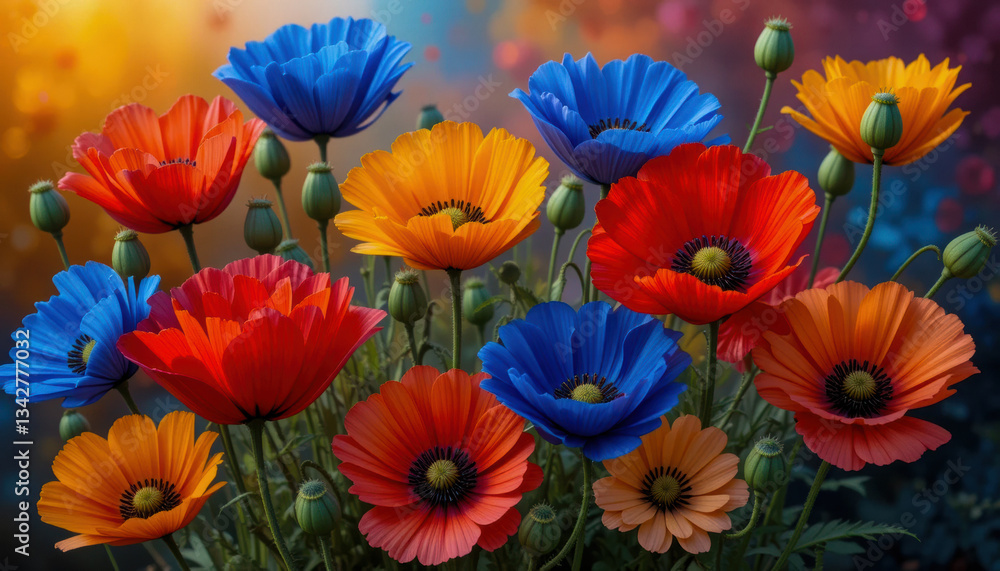 Obraz premium Vibrant field of colorful flowers blooming in a garden during sunset, showcasing a stunning array of natural beauty and tranquility