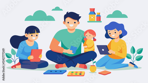 A family has a technologyfree day instead spending their time playing board games reading and having meaningful conversations.. Vector illustration
