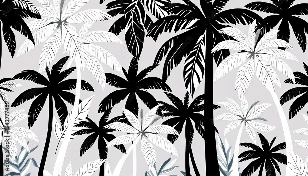 Black & white tropical palm tree pattern; organic shapes, freehand style, Hawaii summer vibe, copy space, print, leaves Black & white tropical palm tree pattern; organic shapes, freehand style, Hawaii summer vibe, copy space, print, leaves
