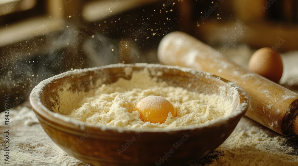 Fototapeta premium A warm, inviting scene of a baking kitchen, where golden flour swirls in a bowl, a cracked egg sits patiently, and a wooden rolling pin awaits its turn to transform simple ingredients into culinary