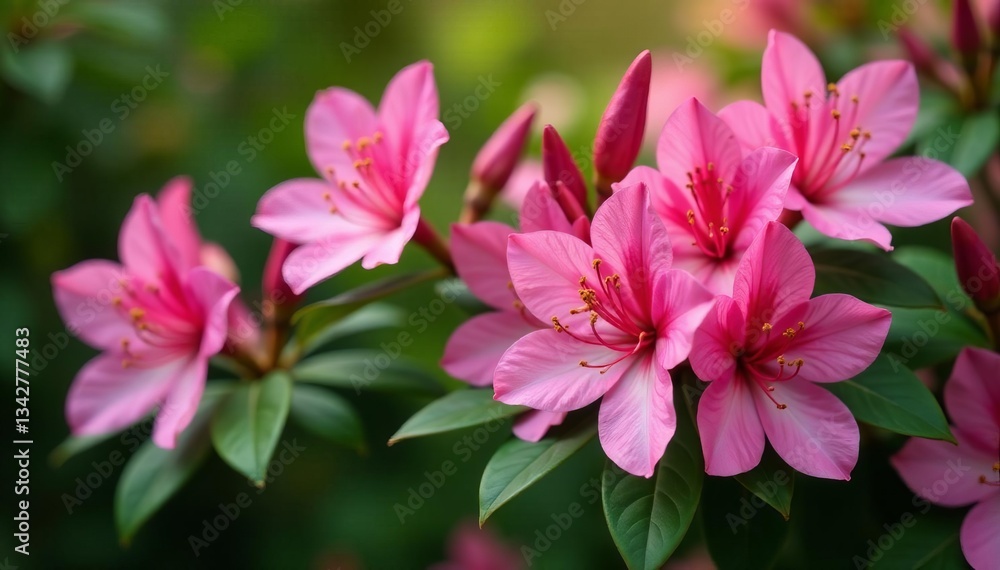 Fototapeta premium Beautiful pink azalea bush with fresh flowers against green leaves backdrop, Foliage, Vibrant, Blooms