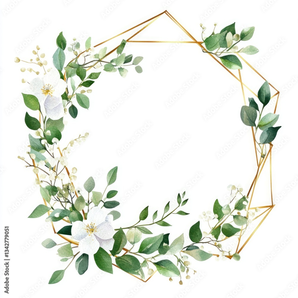 Fototapeta premium Watercolor Floral Wreath with Golden Geometric Frame