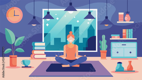 A peaceful yoga studio with soft lighting and calming music offering a space for employees to stretch breathe and find inner peace during a busy workday.. Vector illustration