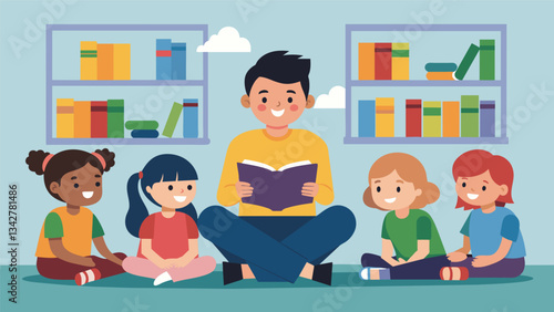 The librarys story time session is a popular attraction as children clamor to sit near the front eager to hear the next chapter of the adventure.. Vector illustration