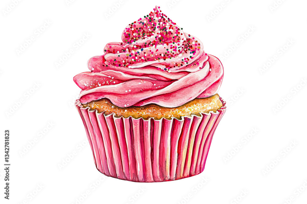 A vibrant pink frosted cupcake topped with colorful sprinkles, showcasing a delicate swirl of icing on a golden cake base. A vibrant pink frosted cupcake topped with colorful sprinkles, showcasing a delicate swirl of icing on a golden cake base.