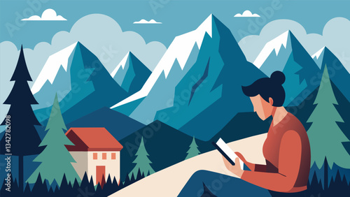 A mountain retreat nestled a towering pines where pens glide effortlessly across pristine notebook pages.. Vector illustration