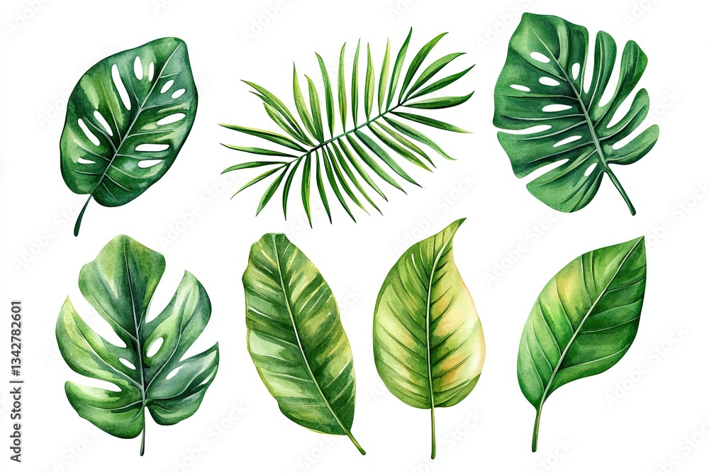 Fototapeta premium Set of watercolor Exotic Jungle Leaves hand drawn on a white background