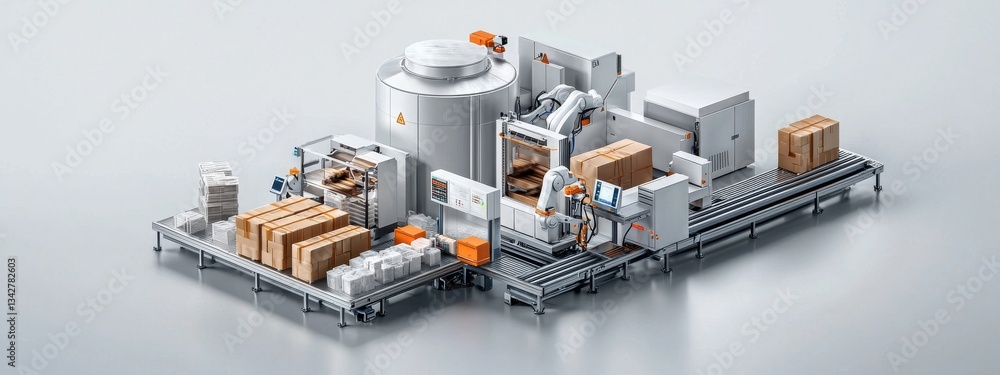 Modern Automated Industrial Production Line with Robotics and Packages Modern Automated Industrial Production Line with Robotics and Packages