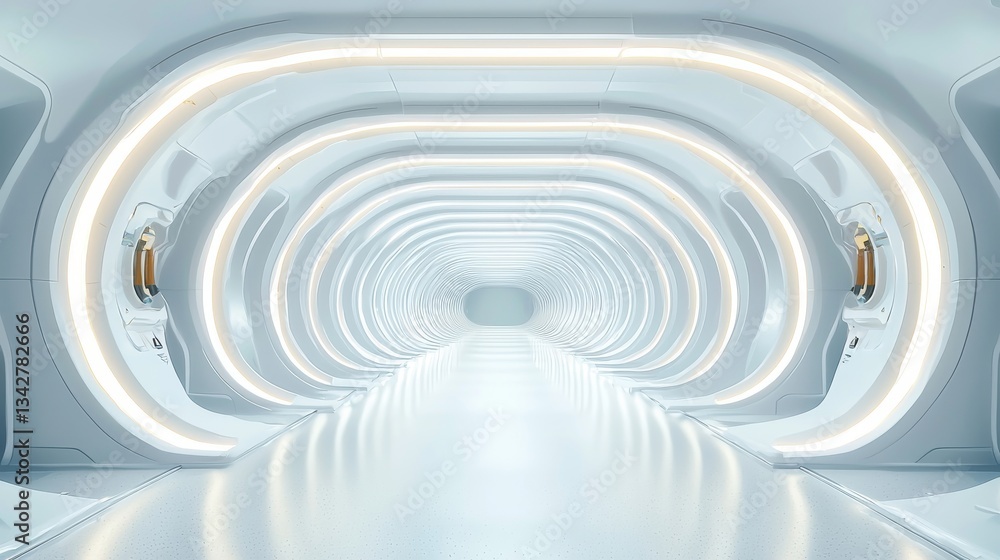 Naklejka premium Futuristic White Corridor with Glowing Lights and Sleek Design