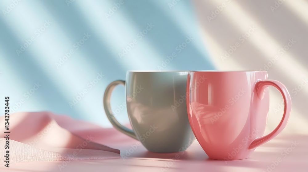 Fototapeta premium Two colorful mugs on a soft surface with gentle lighting.