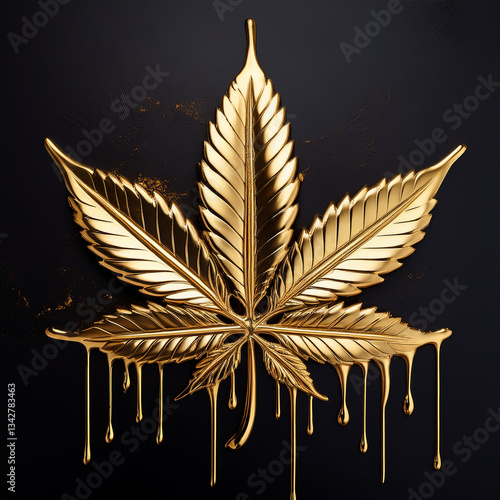 A golden marijuana leaf with dripping gold against a stark black background creates a striking contrast.