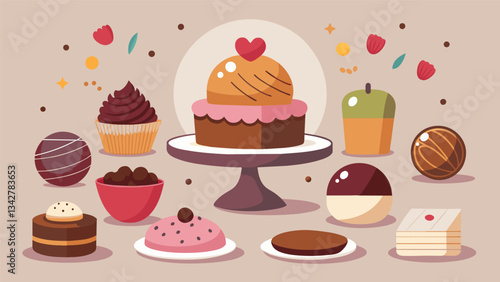 A tasting menu featuring a variety of chocolate treats from delicate macarons to decadent truffles curated for the ultimate luxury chocolate tasting. Vector illustration
