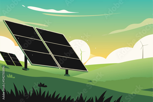 Create a stylized vector illustration of solar panels efficiently absorbing sunlight, emphasizing clean energy technology.