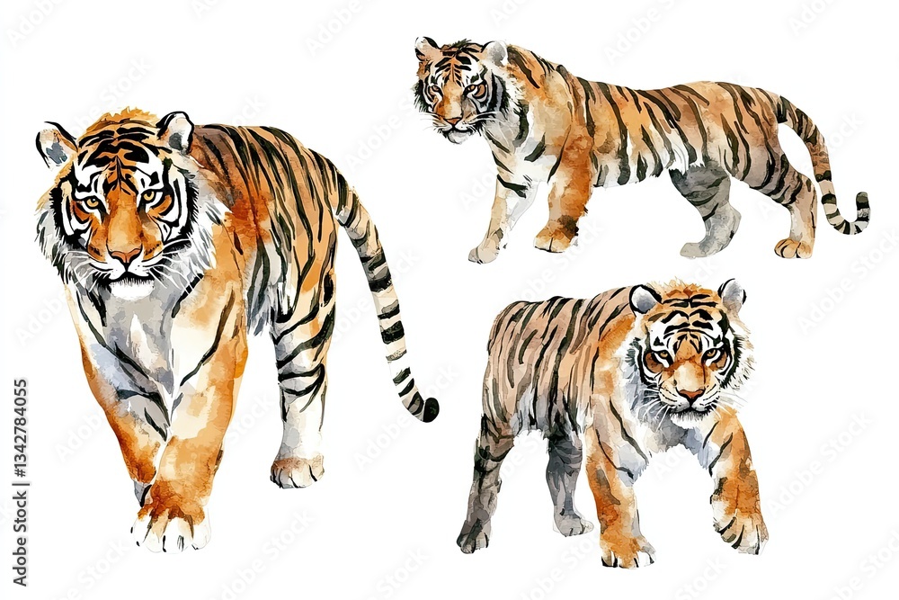 Obraz premium Set of watercolor fierce tigers hand drawn on a white background