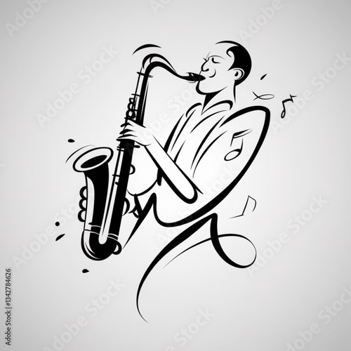 Jazz musician playing saxophone in artistic black and white line drawing
